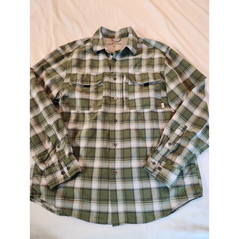 Eddie Bauer Mens Green Plaid Nylon Hiking Shirt Roll Tab Long Sleeve Vent Size M - Picture 9 of 11